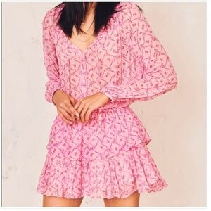 LoveShackFancy Popover Dress Pink Bow 100% Silk NWT XS
